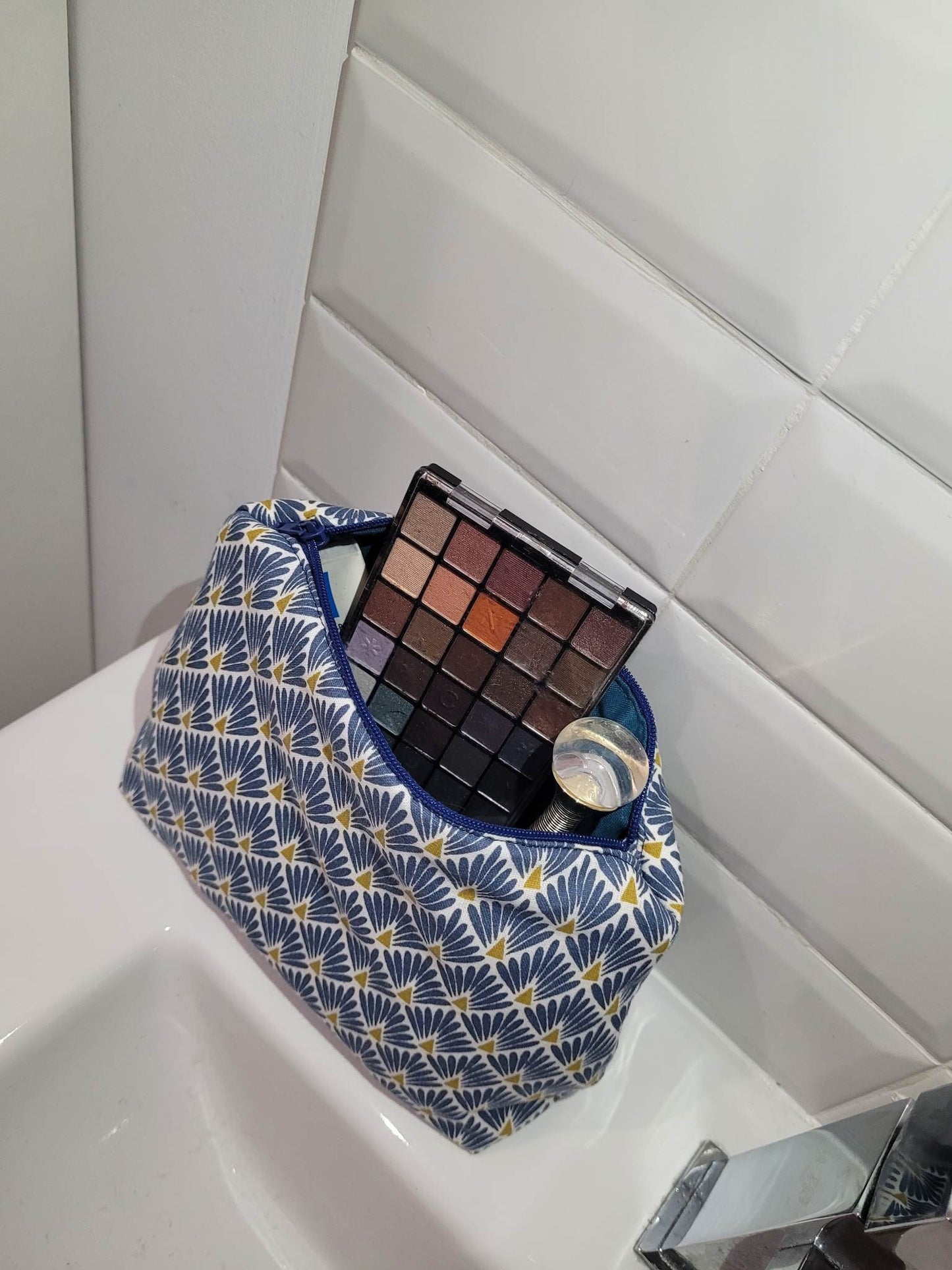 Trousse maquillage en tissu coton bleu