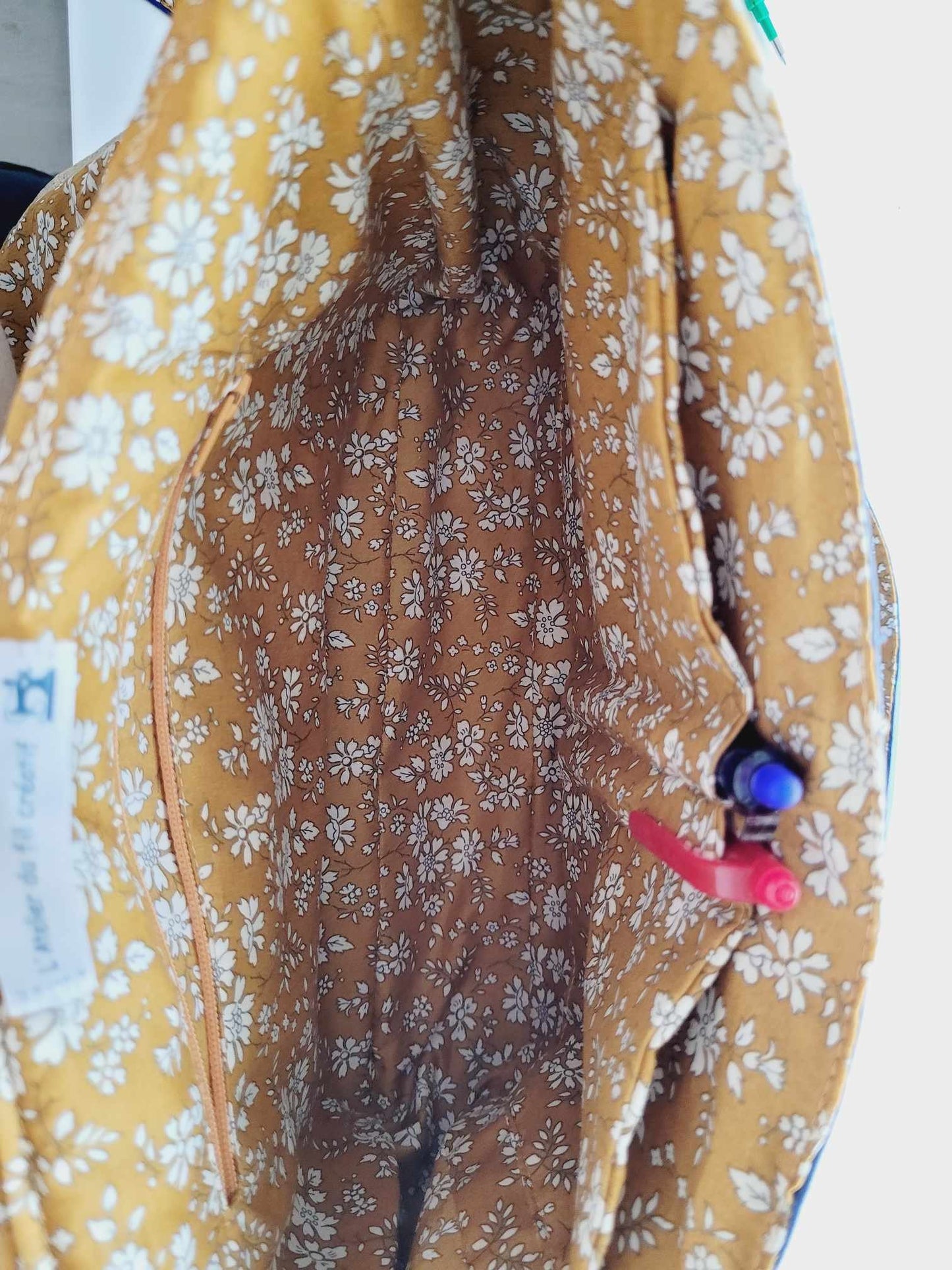 Sac à main simili cuir bleu marine et tissu liberty