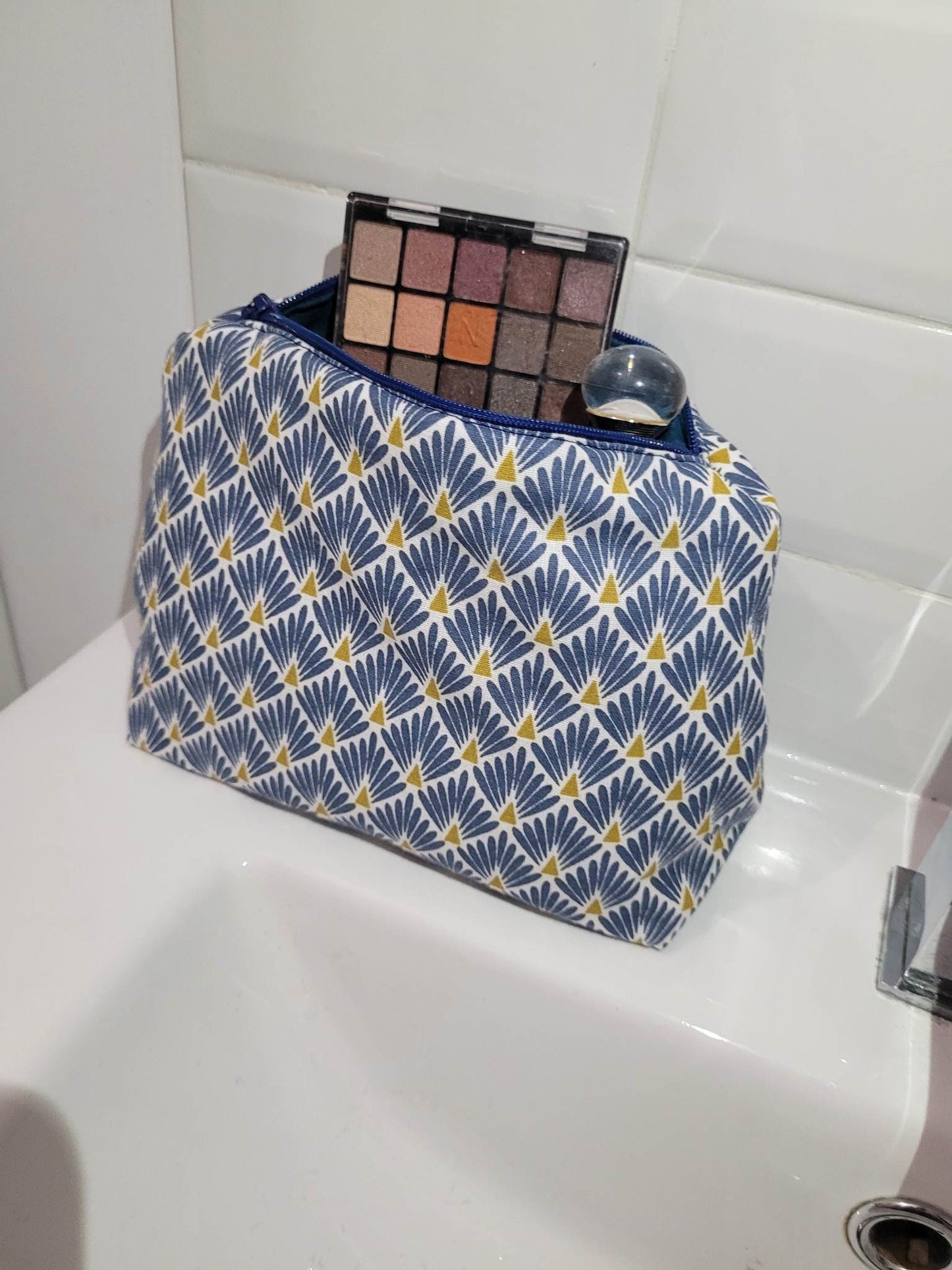Trousse maquillage en tissu coton bleu