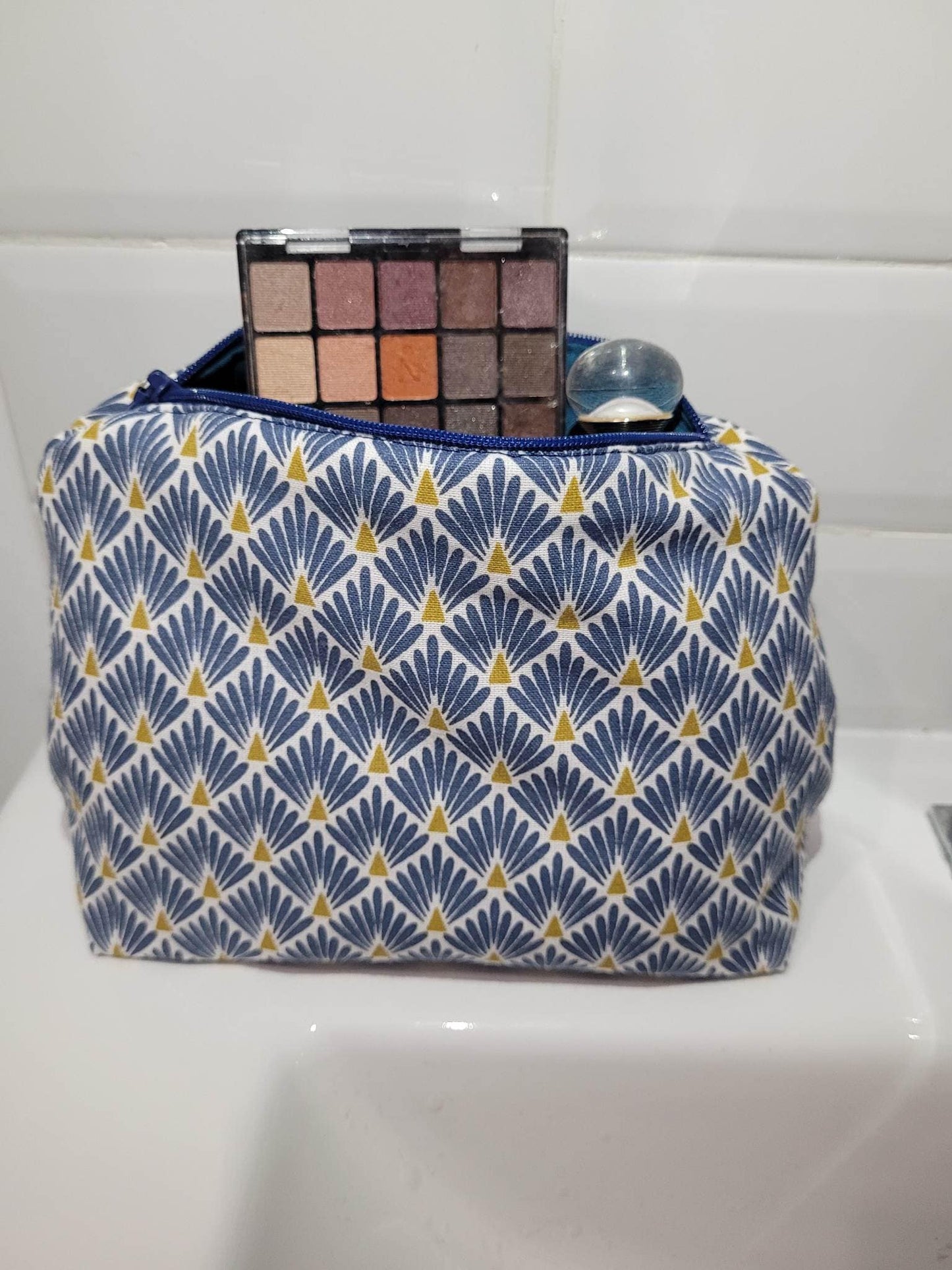 Trousse maquillage en tissu coton bleu