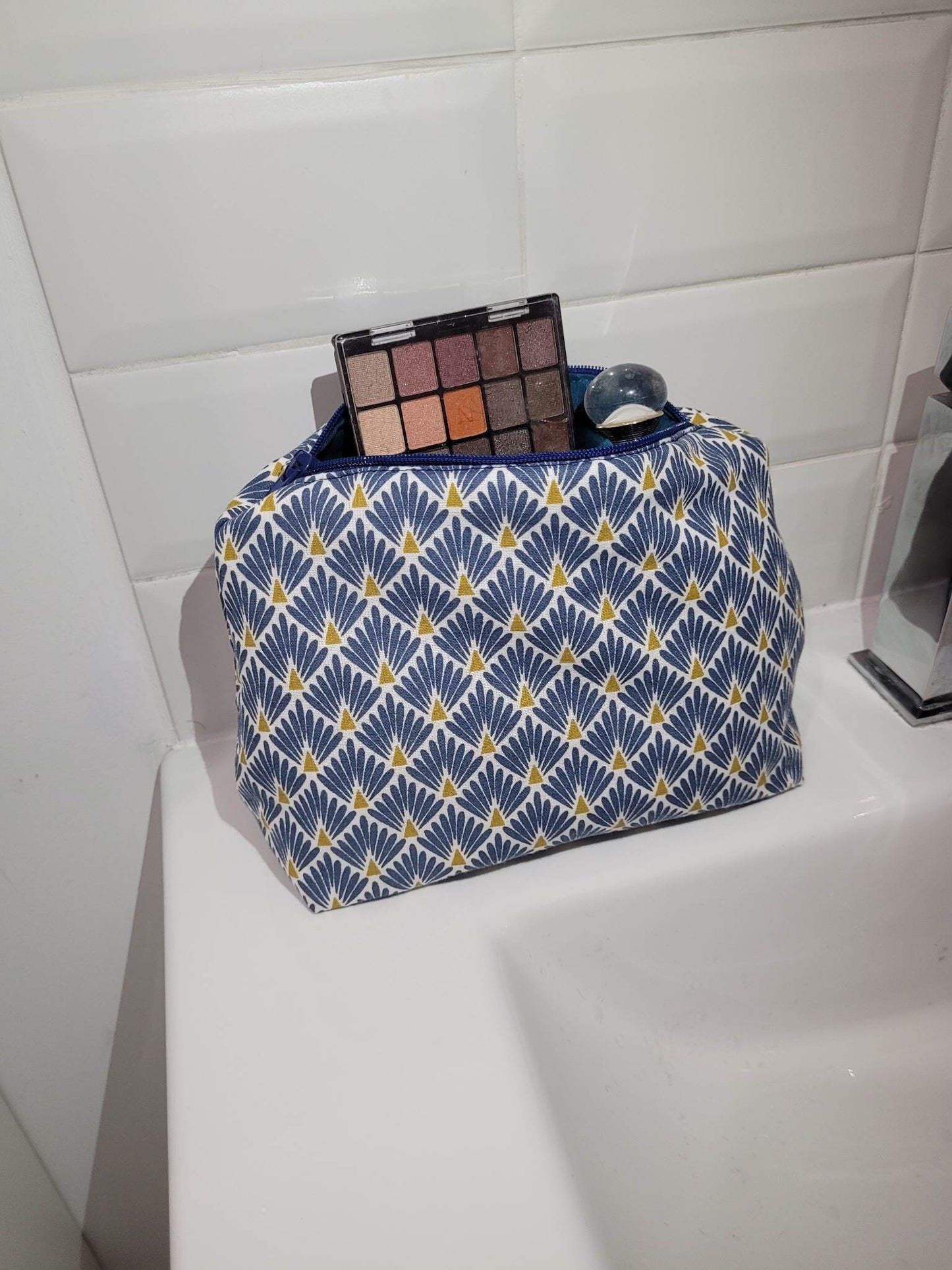 Trousse maquillage en tissu coton bleu