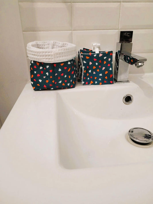 Panier et lingettes lavable coeur bio